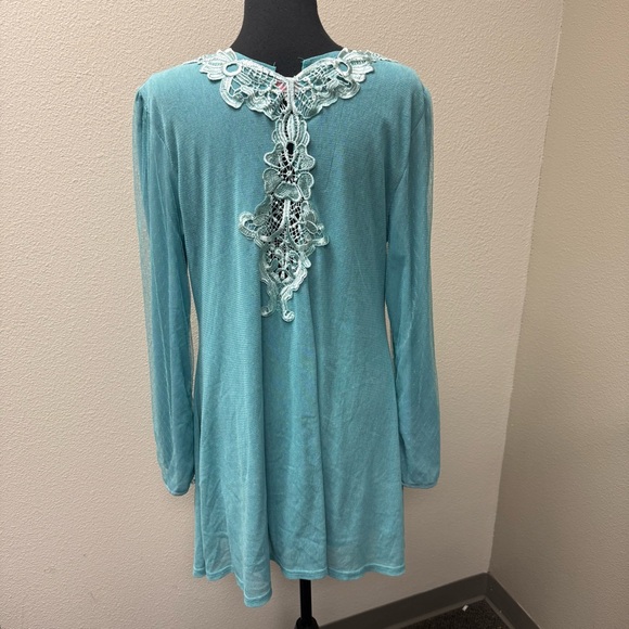 Pretty Angel Teal Lace Crochet Boho Tunic Top XL Long Sleeve Romantic Top - Picture 5 of 11